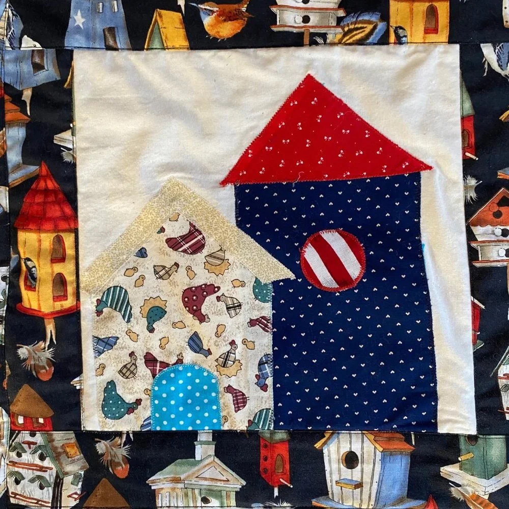 Birdhouses applique quilt wall‎ art embroidered polka dot floral 37x25